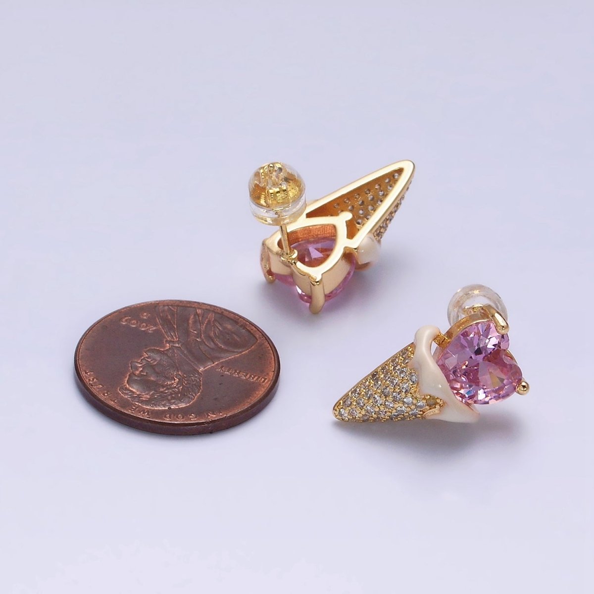 16K Gold Filled Pink CZ Heart Ice Cream Cone Micro Paved Stud Earrings in Gold & Silver | AD948 AD949 - DLUXCA