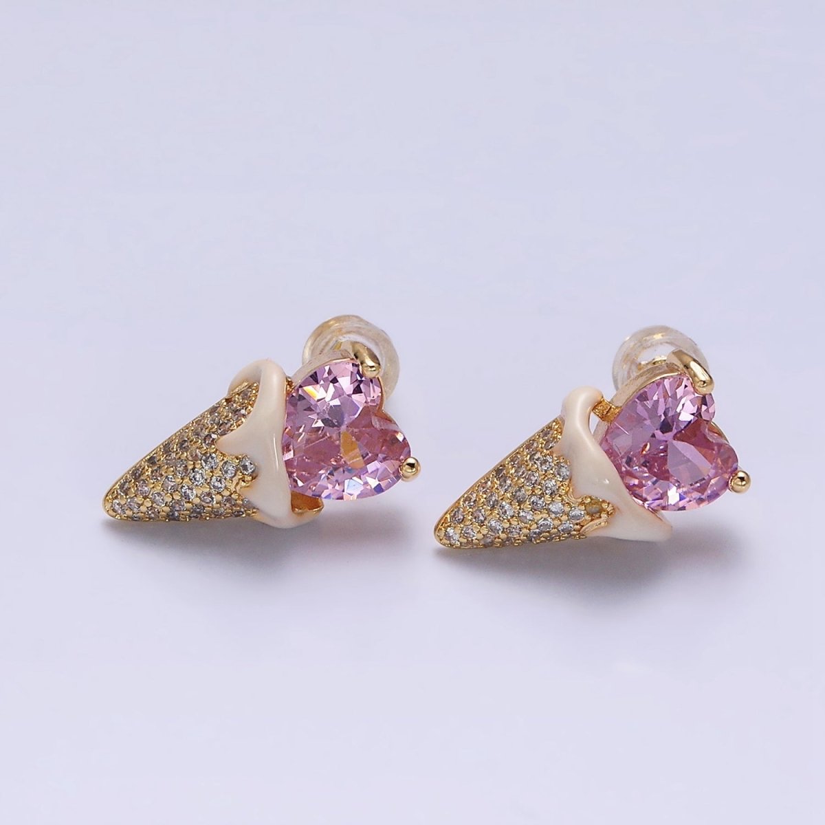 16K Gold Filled Pink CZ Heart Ice Cream Cone Micro Paved Stud Earrings in Gold & Silver | AD948 AD949 - DLUXCA