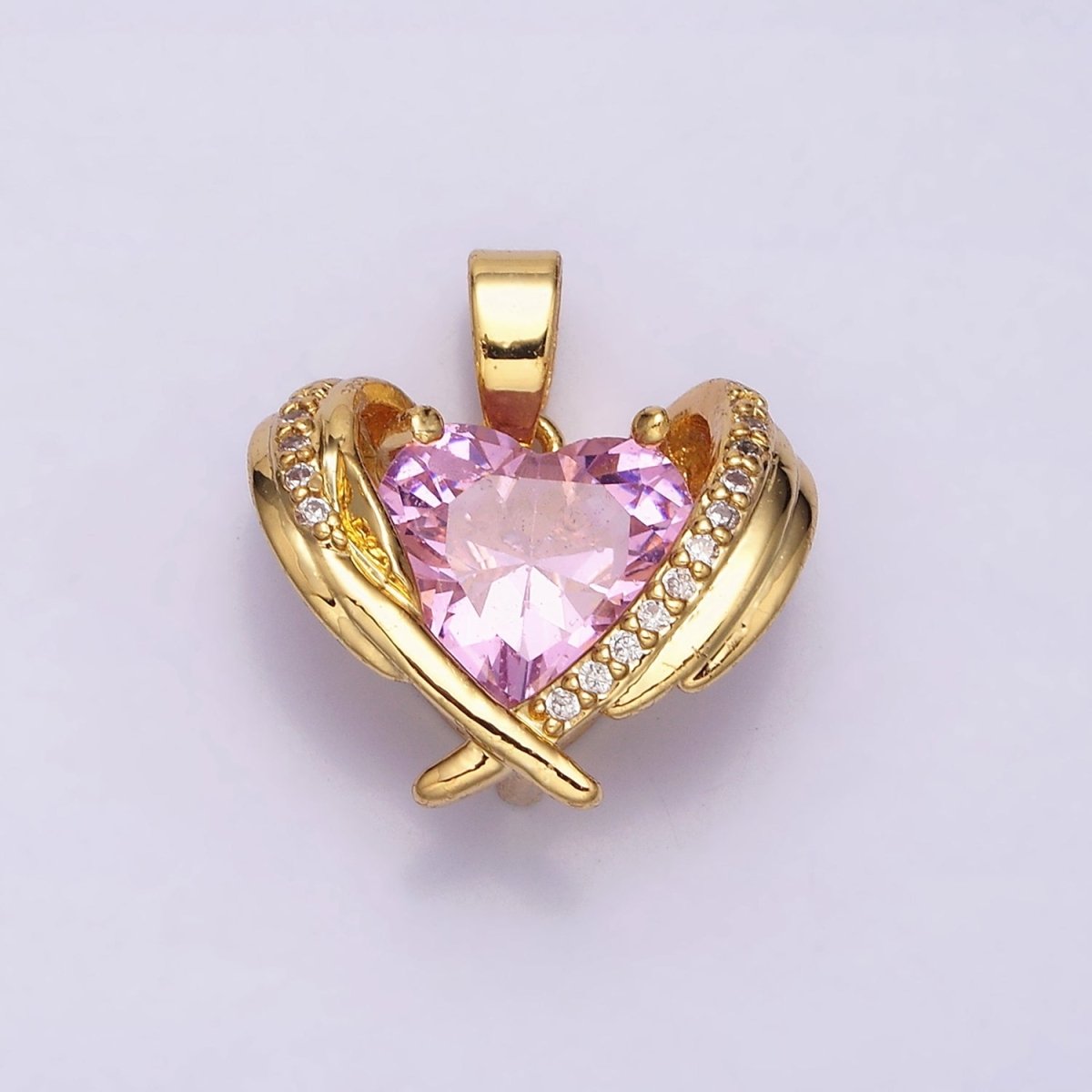 16K Gold Filled Pink CZ Heart Micro Paved Wings Pendant | AA485 - DLUXCA