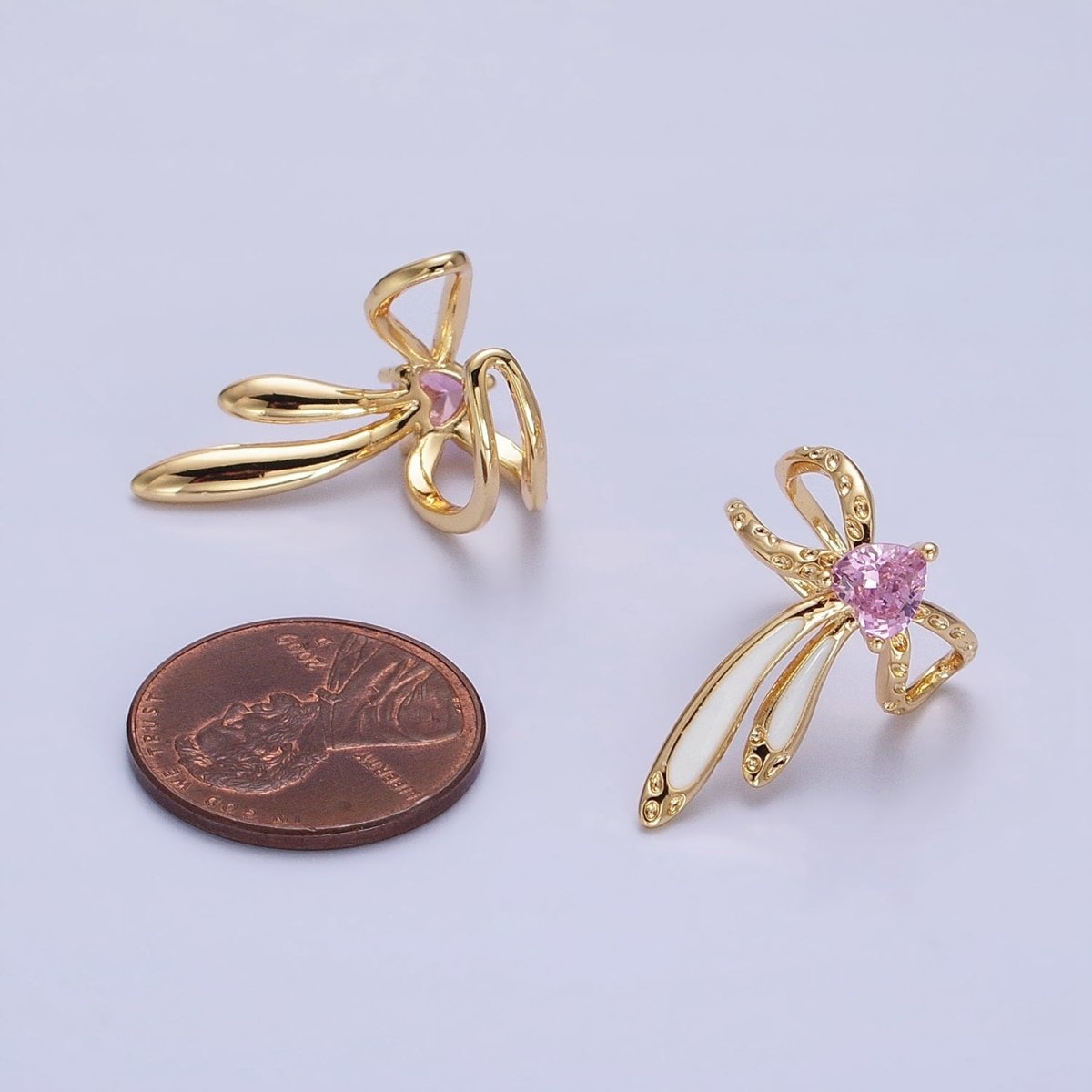 16K Gold Filled Pink CZ Heart White Bunny Ears Hammered Double Band Ear Cuff Earrings in Silver & Gold | AI013 AI014 - DLUXCA