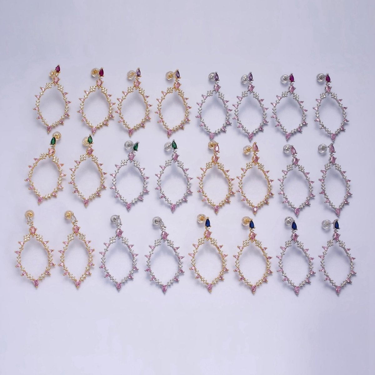16K Gold Filled Pink CZ Open Rhombus Clear, Green, Fuchsia, Pink, Purple, Blue Teardrop Stud Earrings in Gold & Silver | AE560 - AE571 - DLUXCA