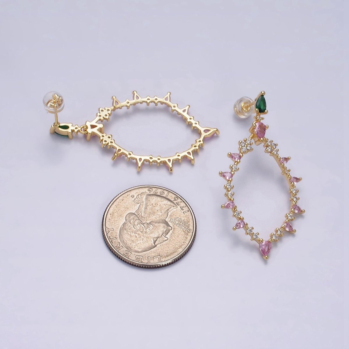 16K Gold Filled Pink CZ Open Rhombus Clear, Green, Fuchsia, Pink, Purple, Blue Teardrop Stud Earrings in Gold & Silver | AE560 - AE571 - DLUXCA