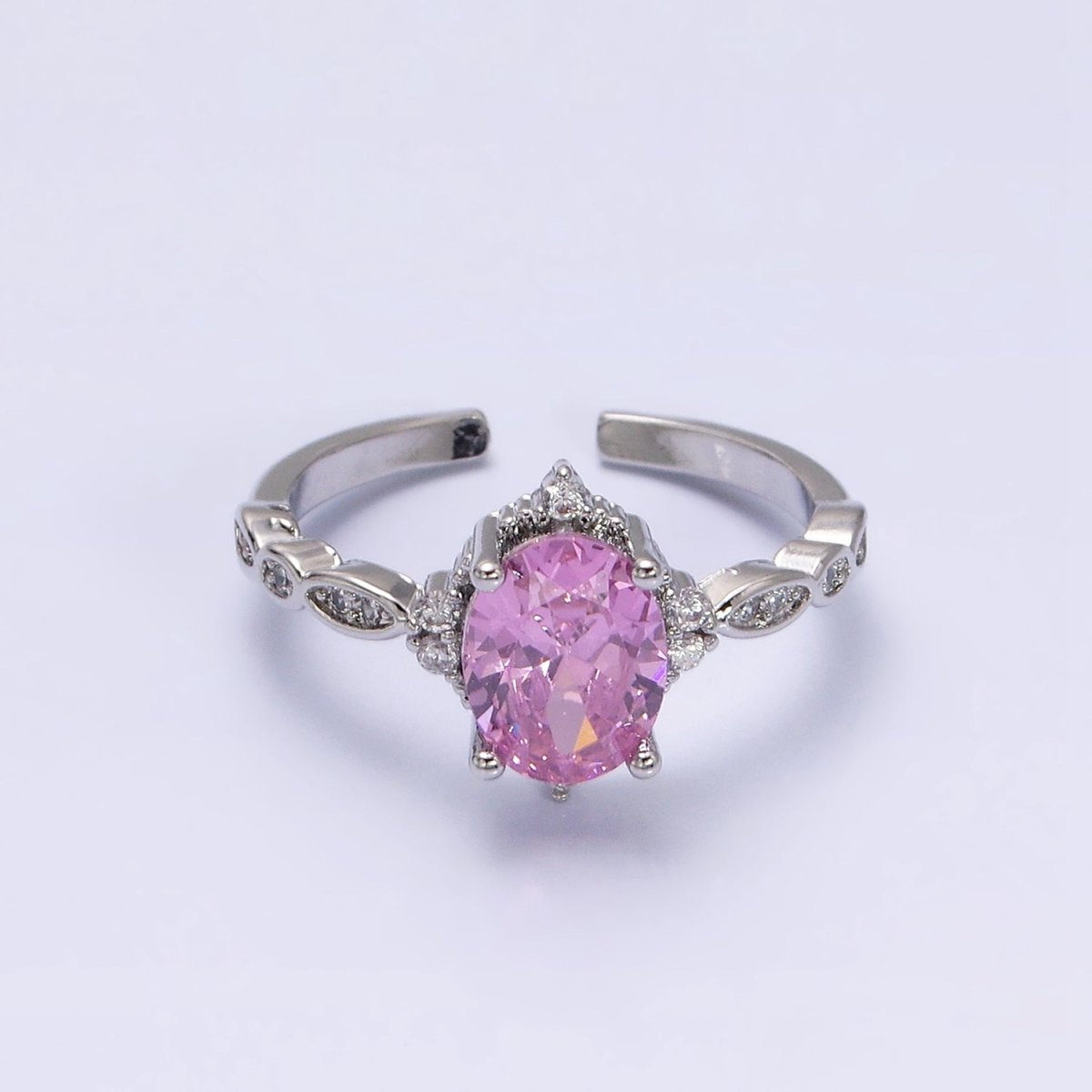 16K Gold Filled Pink CZ Oval Micro Paved Adjustable Ring in Gold & Silver | O-1605 O-1606 - DLUXCA