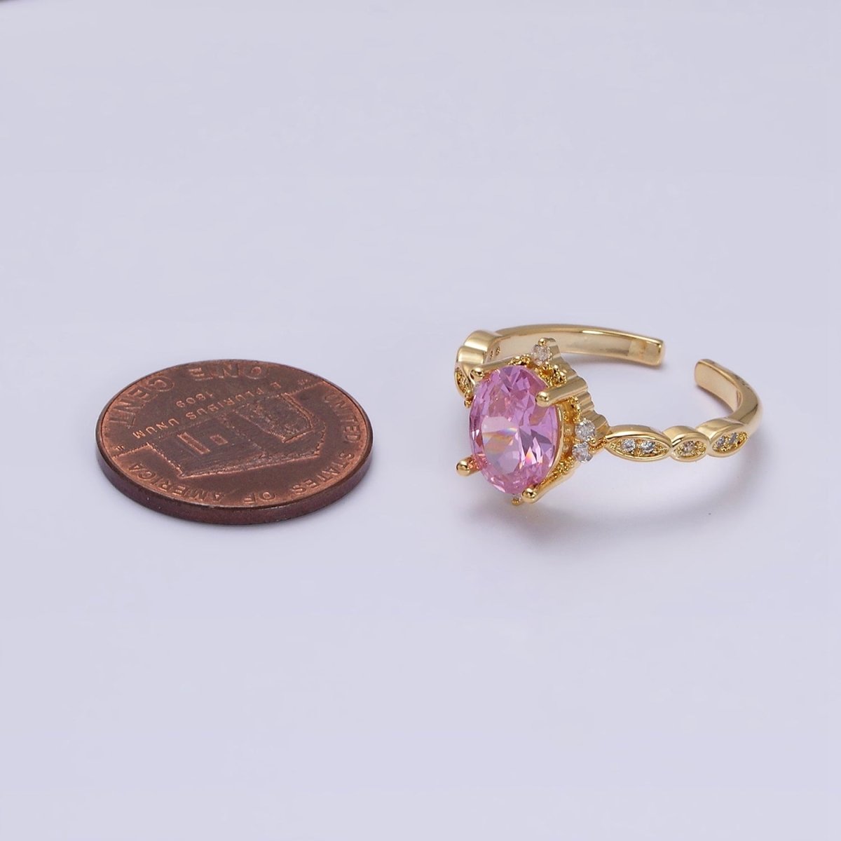 16K Gold Filled Pink CZ Oval Micro Paved Adjustable Ring in Gold & Silver | O-1605 O-1606 - DLUXCA