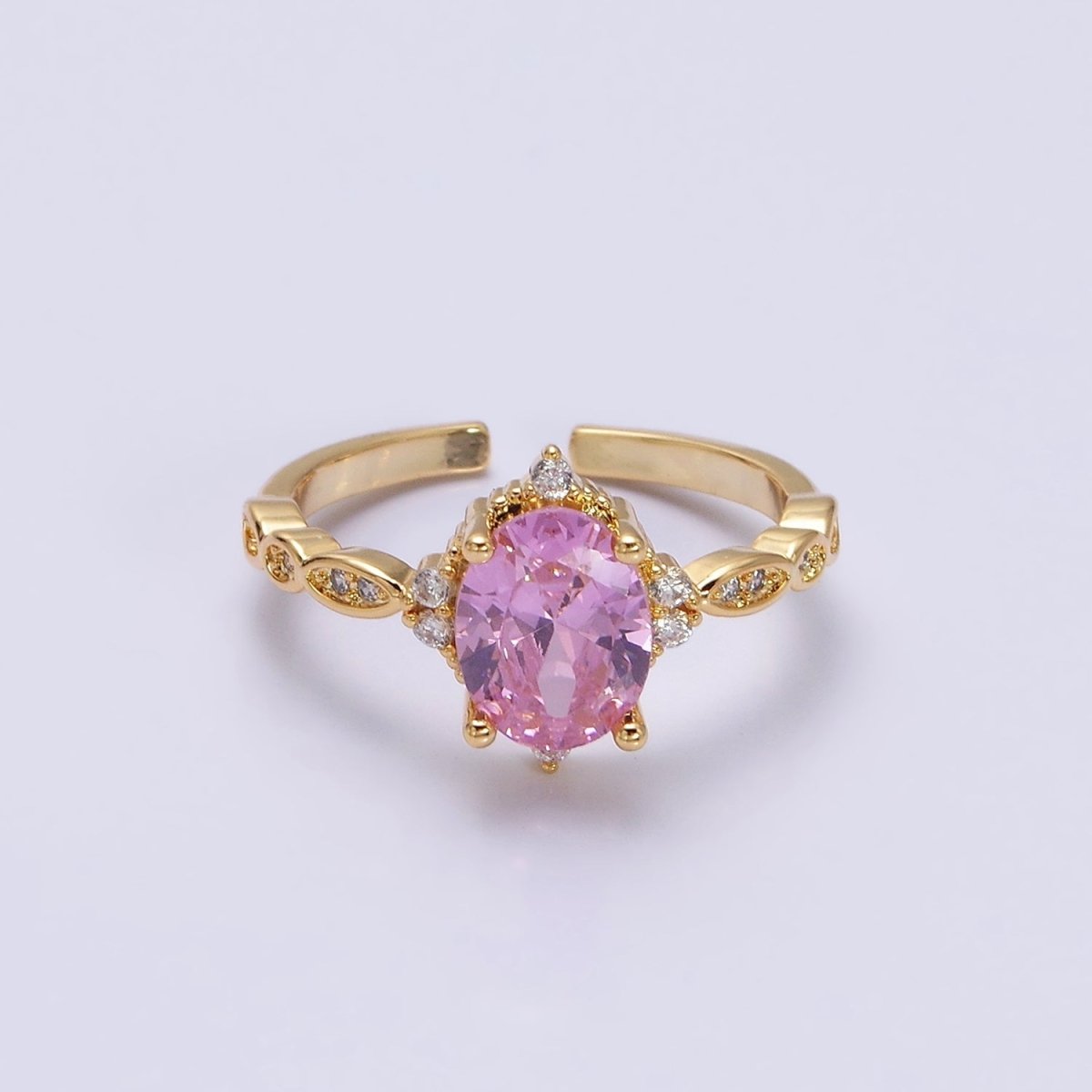 16K Gold Filled Pink CZ Oval Micro Paved Adjustable Ring in Gold & Silver | O-1605 O-1606 - DLUXCA