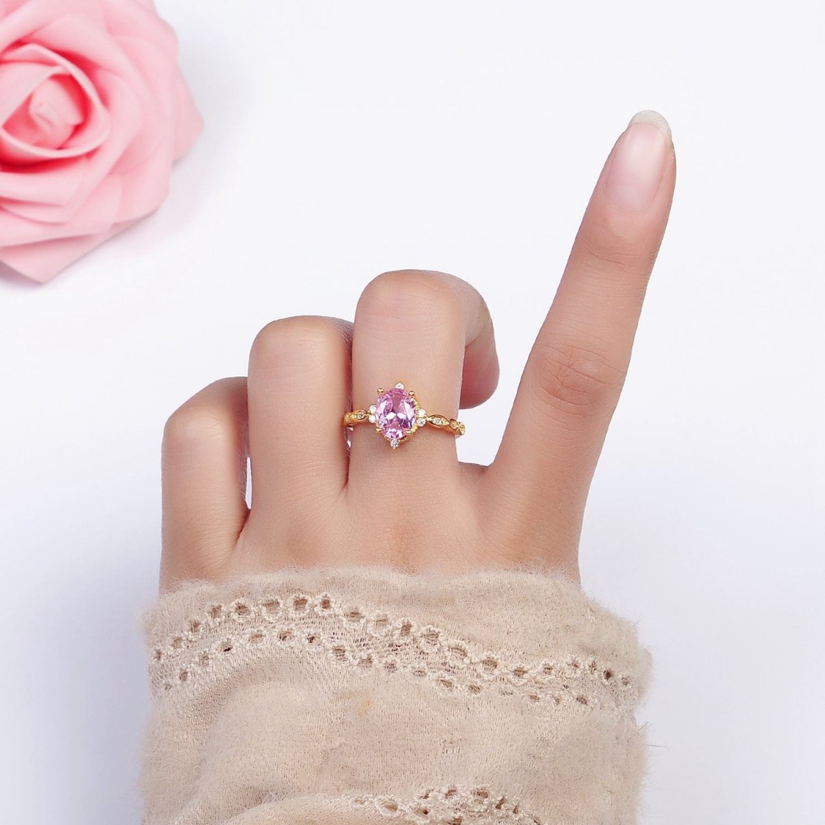 16K Gold Filled Pink CZ Oval Micro Paved Adjustable Ring in Gold & Silver | O-1605 O-1606 - DLUXCA