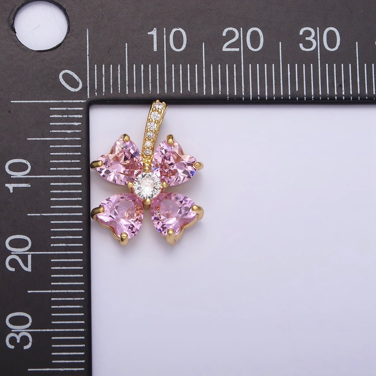 16K Gold Filled Pink Flower CZ Heart Petal Micro Paved Bail Pendant | AA539 - DLUXCA