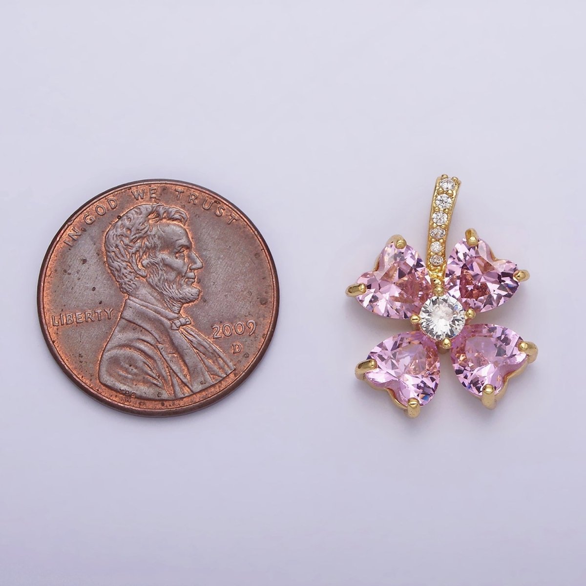 16K Gold Filled Pink Flower CZ Heart Petal Micro Paved Bail Pendant | AA539 - DLUXCA