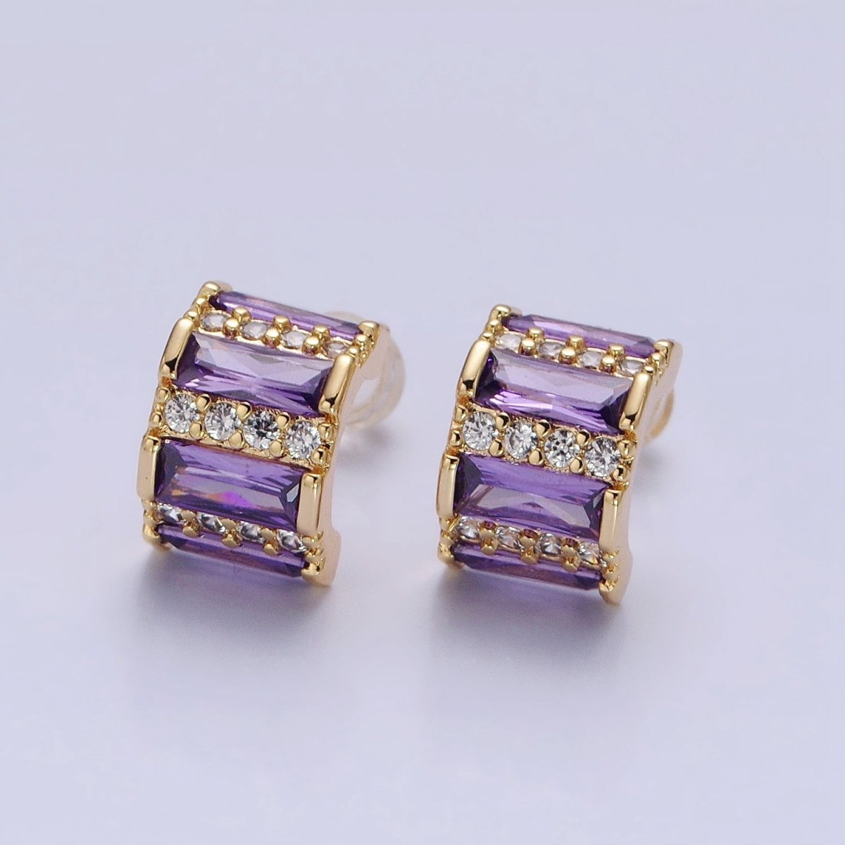 16K Gold Filled Pink, Green, Clear, Blue, Purple, Fuchsia Baguette CZ Micro Paved CZ C-Shaped Stud Earrings | AB901, AB918 - AB928 - DLUXCA