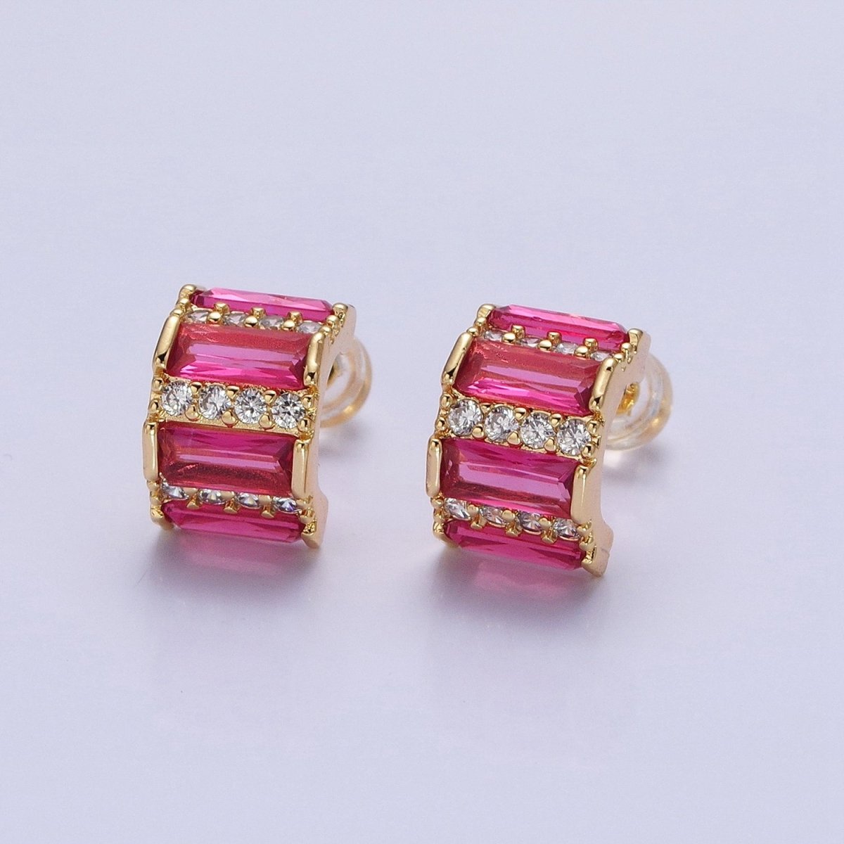 16K Gold Filled Pink, Green, Clear, Blue, Purple, Fuchsia Baguette CZ Micro Paved CZ C-Shaped Stud Earrings | AB901, AB918 - AB928 - DLUXCA
