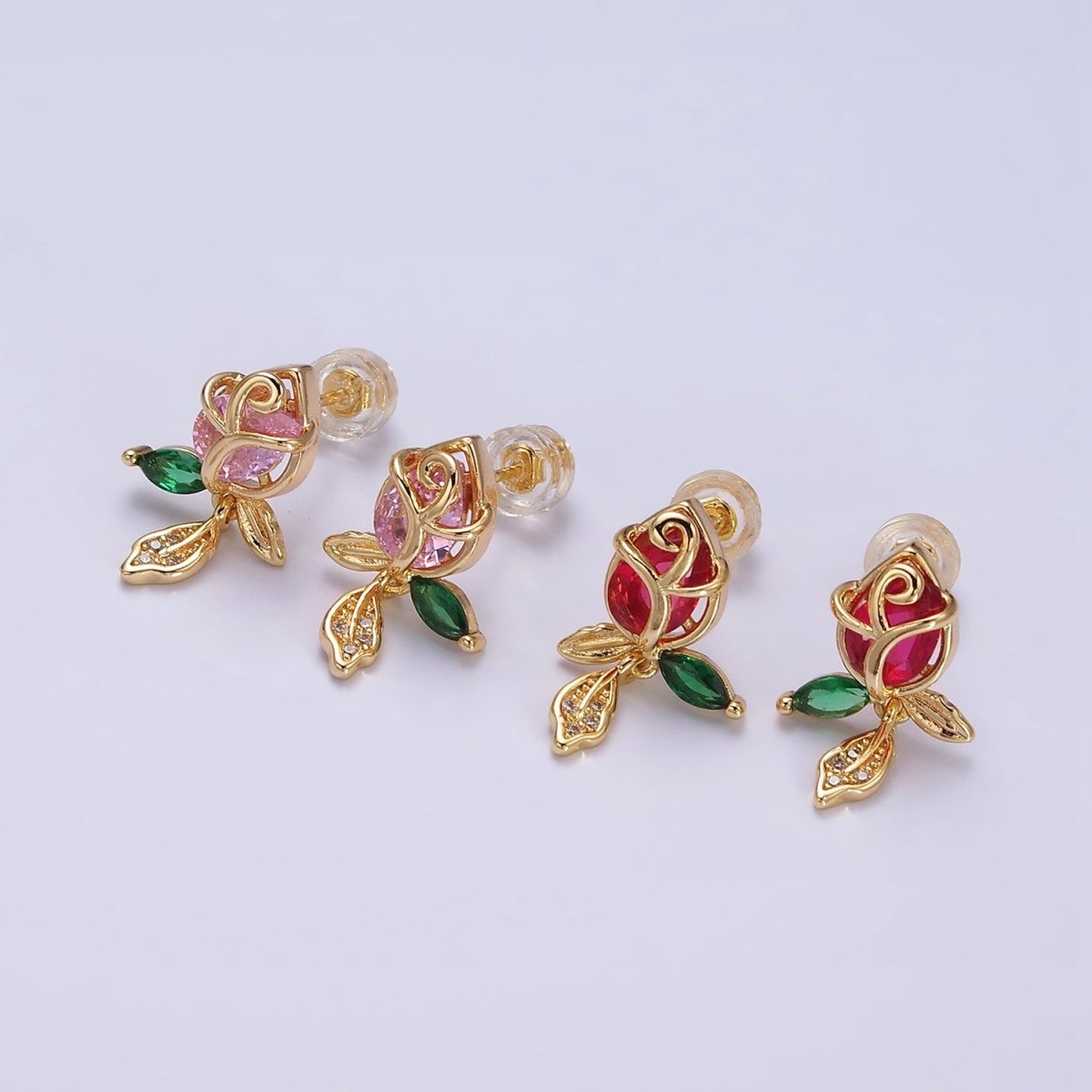 16K Gold Filled Pink, Red Rose Flower CZ Stud Earrings | AE768 - DLUXCA