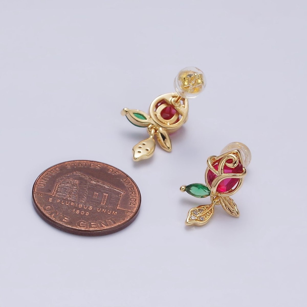 16K Gold Filled Pink, Red Rose Flower CZ Stud Earrings | AE768 - DLUXCA