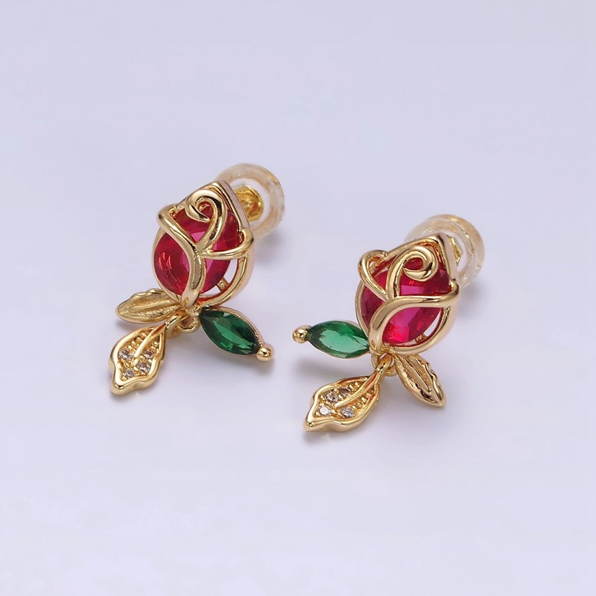 16K Gold Filled Pink, Red Rose Flower CZ Stud Earrings | AE768 - DLUXCA