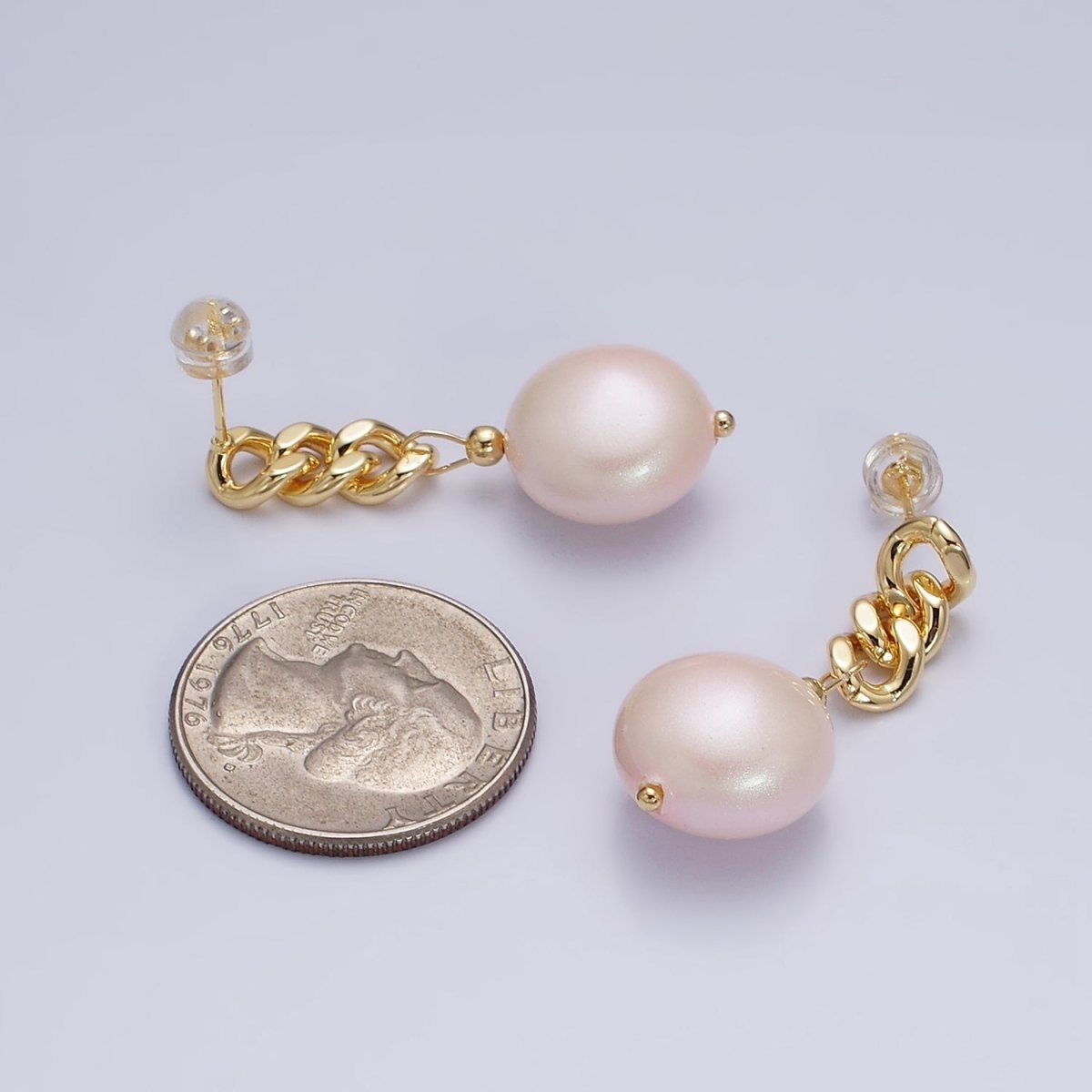 16K Gold Filled Pink Round Pearl Curb Chain Link Drop Stud Earrings in Gold & Silver | AD1356 AD1368 - DLUXCA