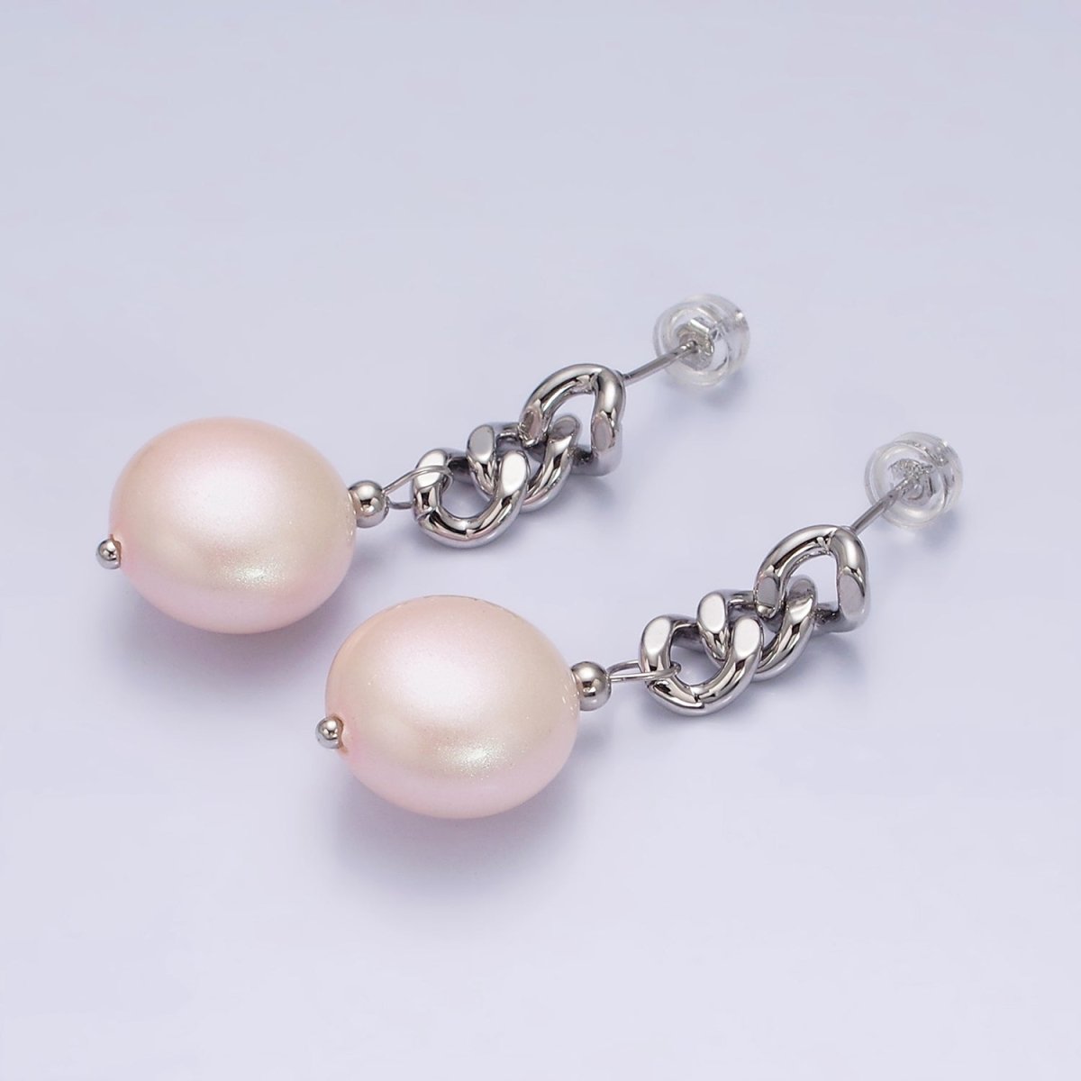16K Gold Filled Pink Round Pearl Curb Chain Link Drop Stud Earrings in Gold & Silver | AD1356 AD1368 - DLUXCA