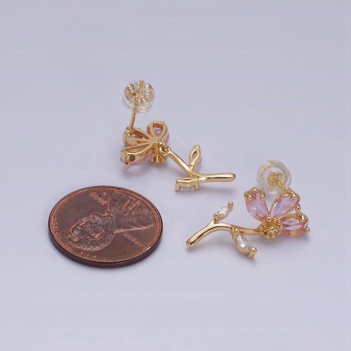 16K Gold Filled Pink Teardrop Flower Marquise Leaf Stud Earrings in Gold & Silver | AE840 AE841 - DLUXCA