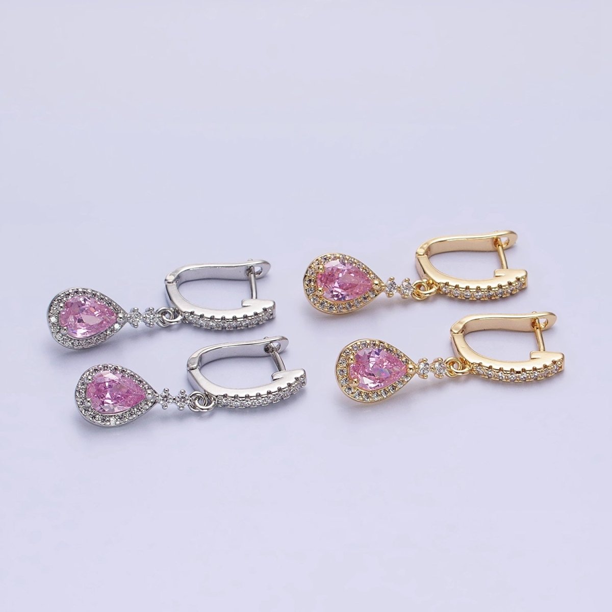 16K Gold Filled Pink Teardrop Micro Paved CZ Drop English Lock Earrings in Gold & Silver | AB1419 AB1420 - DLUXCA