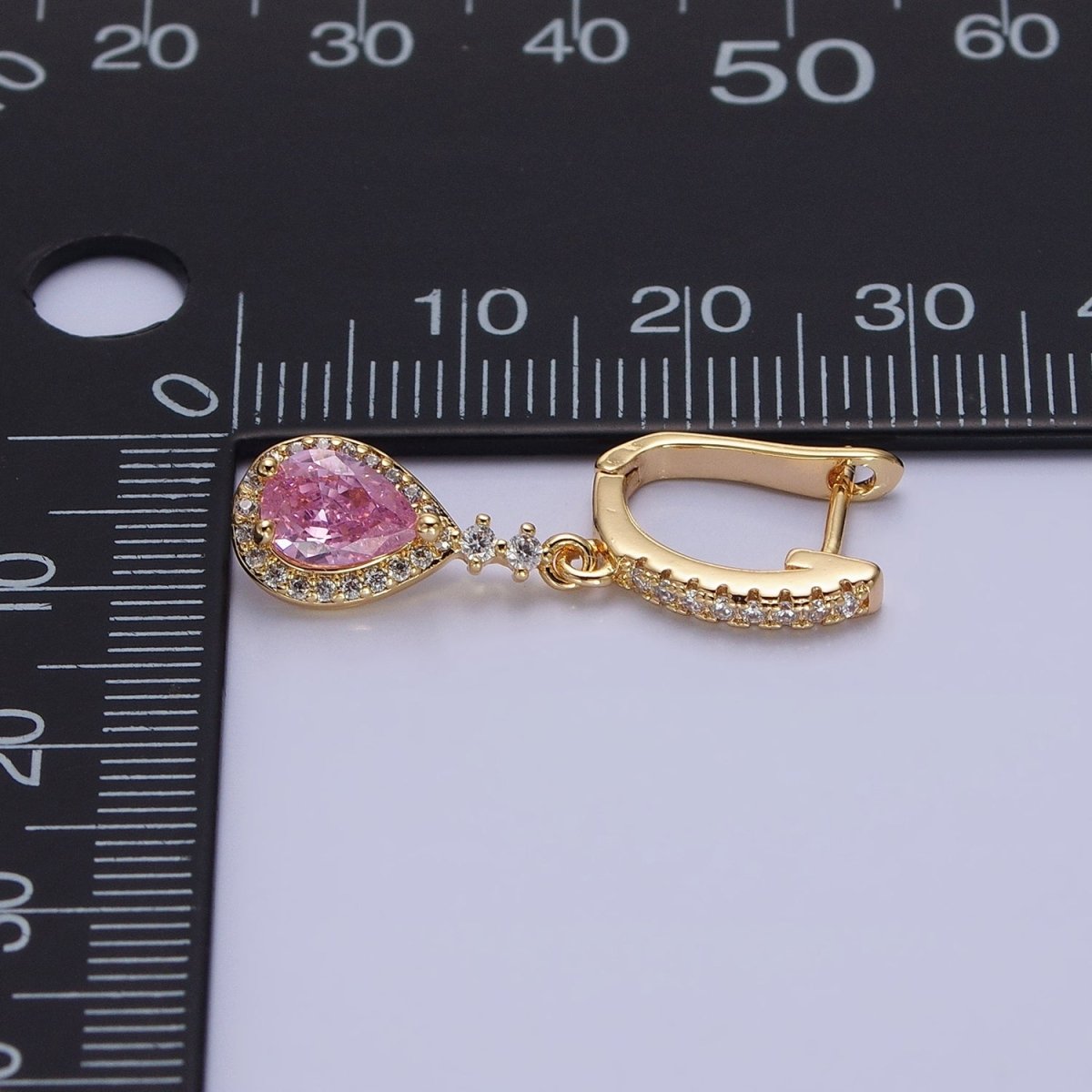 16K Gold Filled Pink Teardrop Micro Paved CZ Drop English Lock Earrings in Gold & Silver | AB1419 AB1420 - DLUXCA