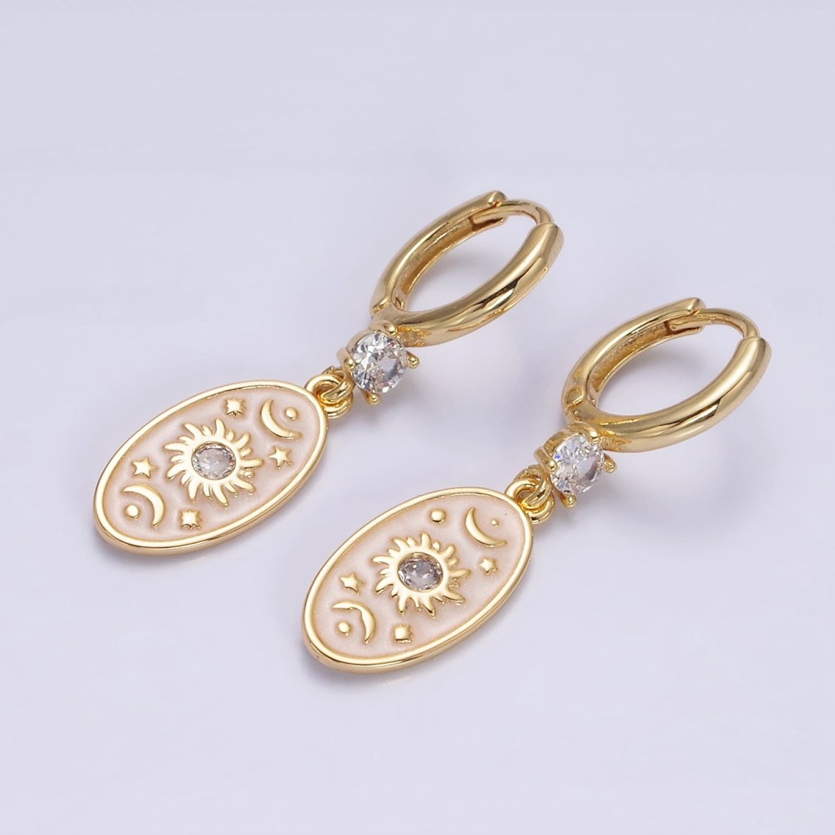 16K Gold Filled Pink, White, Blue Sparkly Enamel Celestial Sun Star Crescent Moon Oval CZ Drop Huggie Earrings | Y-867 ~ Y-869 - DLUXCA