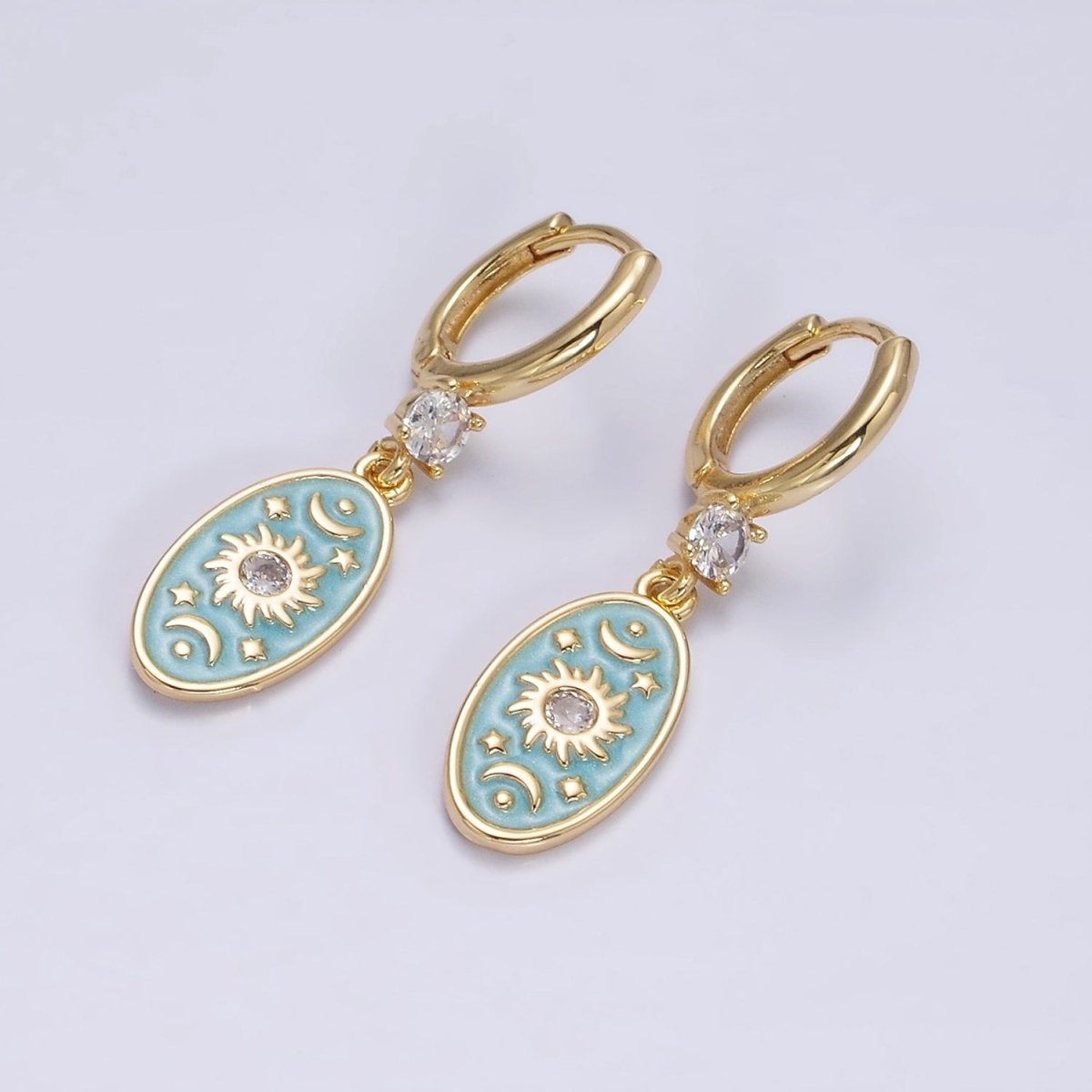 16K Gold Filled Pink, White, Blue Sparkly Enamel Celestial Sun Star Crescent Moon Oval CZ Drop Huggie Earrings | Y-867 ~ Y-869 - DLUXCA