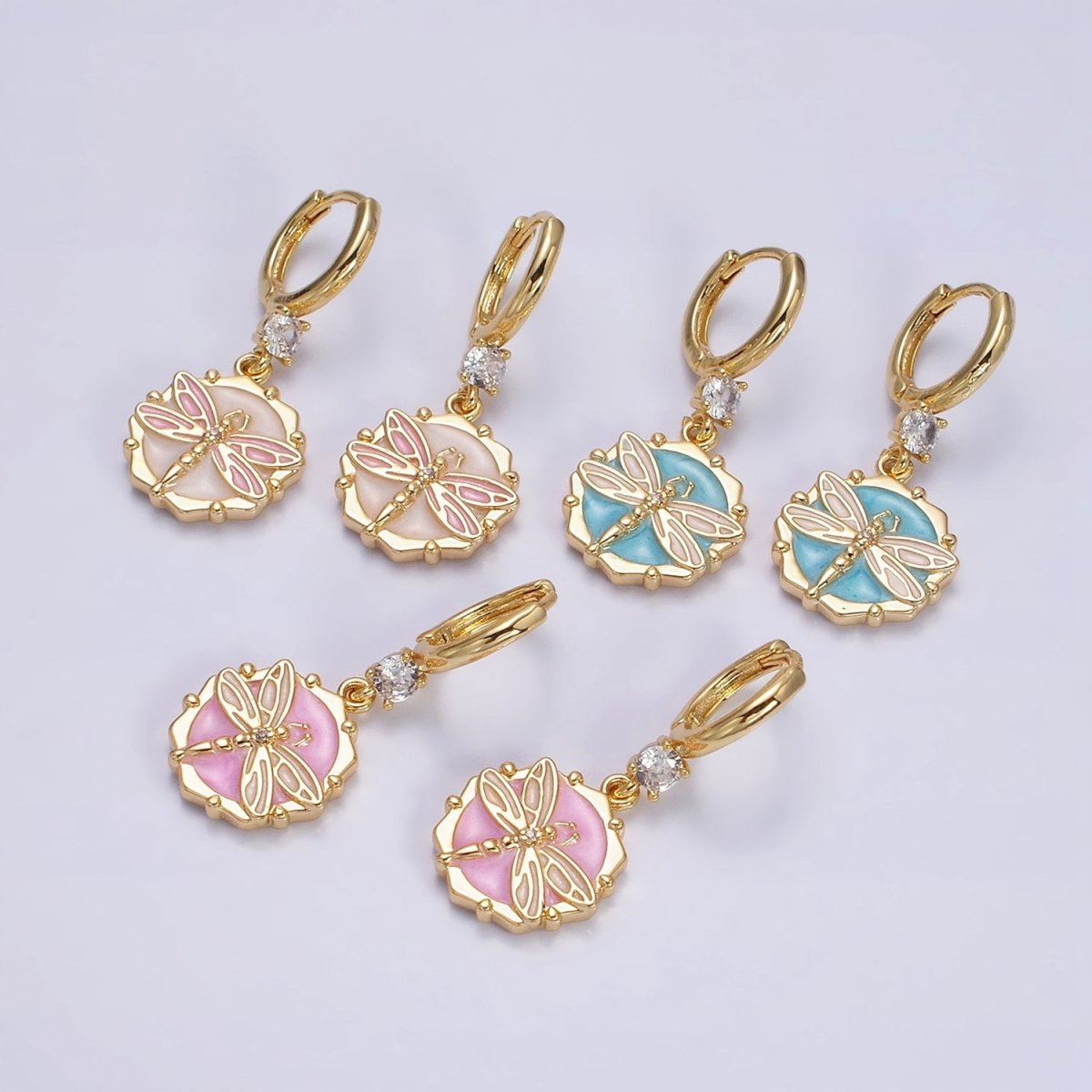 16K Gold Filled Pink, White, Blue Sparkly Enamel Dragonfly Hexagonal CZ Drop Huggie Earrings | Y-870 Y-871 - DLUXCA