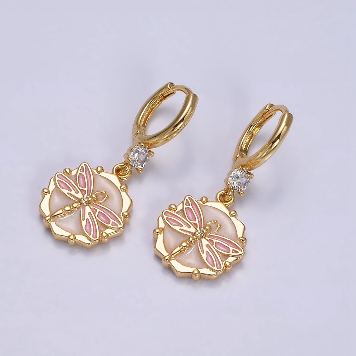 16K Gold Filled Pink, White, Blue Sparkly Enamel Dragonfly Hexagonal CZ Drop Huggie Earrings | Y-870 Y-871 - DLUXCA