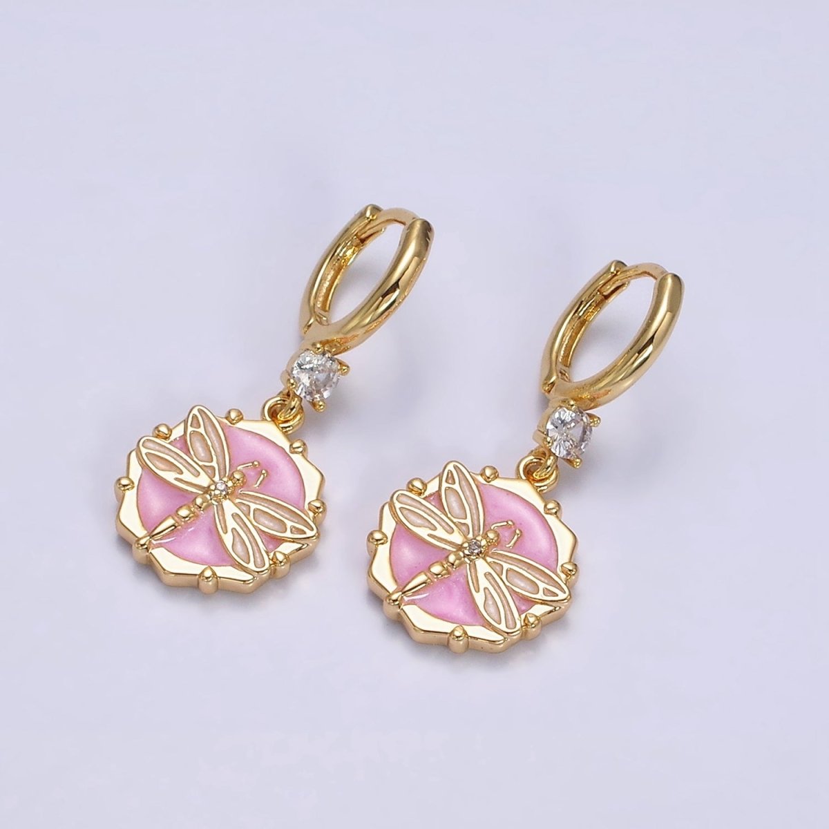 16K Gold Filled Pink, White, Blue Sparkly Enamel Dragonfly Hexagonal CZ Drop Huggie Earrings | Y-870 Y-871 - DLUXCA