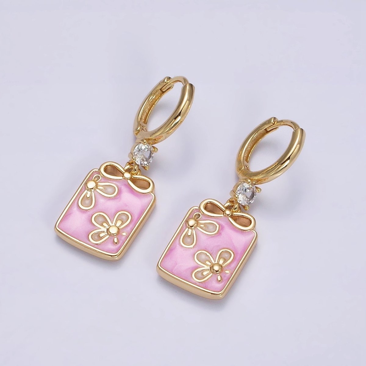 16K Gold Filled Pink, White, Blue Sparkly Enamel Ribbon Bow Rectangular CZ Drop Huggie Earrings | Y-855 ~ Y-857 - DLUXCA