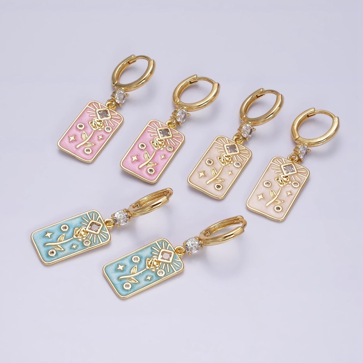 16K Gold Filled Pink, White, Blue Sparkly Enamel Rose Flower Clear Rhombus Tag CZ Drop Huggie Earrings | Y-858 ~ Y-860 - DLUXCA