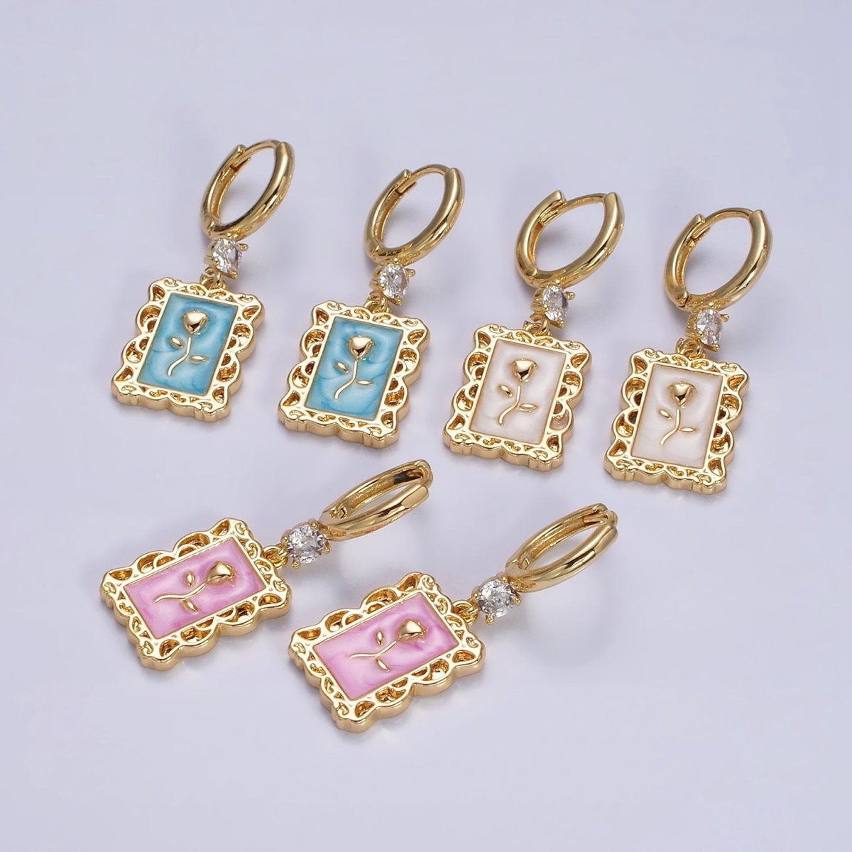 16K Gold Filled Pink, White, Blue Sparkly Enamel Rose Flower Rectangular CZ Drop Huggie Earrings | Y-861 ~ Y-863 - DLUXCA