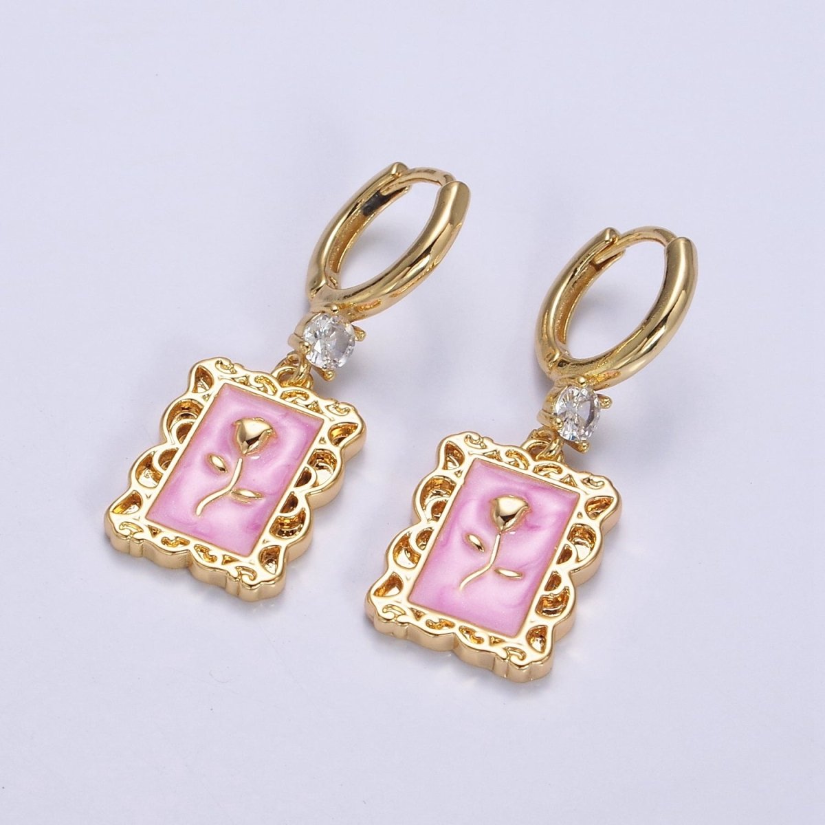 16K Gold Filled Pink, White, Blue Sparkly Enamel Rose Flower Rectangular CZ Drop Huggie Earrings | Y-861 ~ Y-863 - DLUXCA