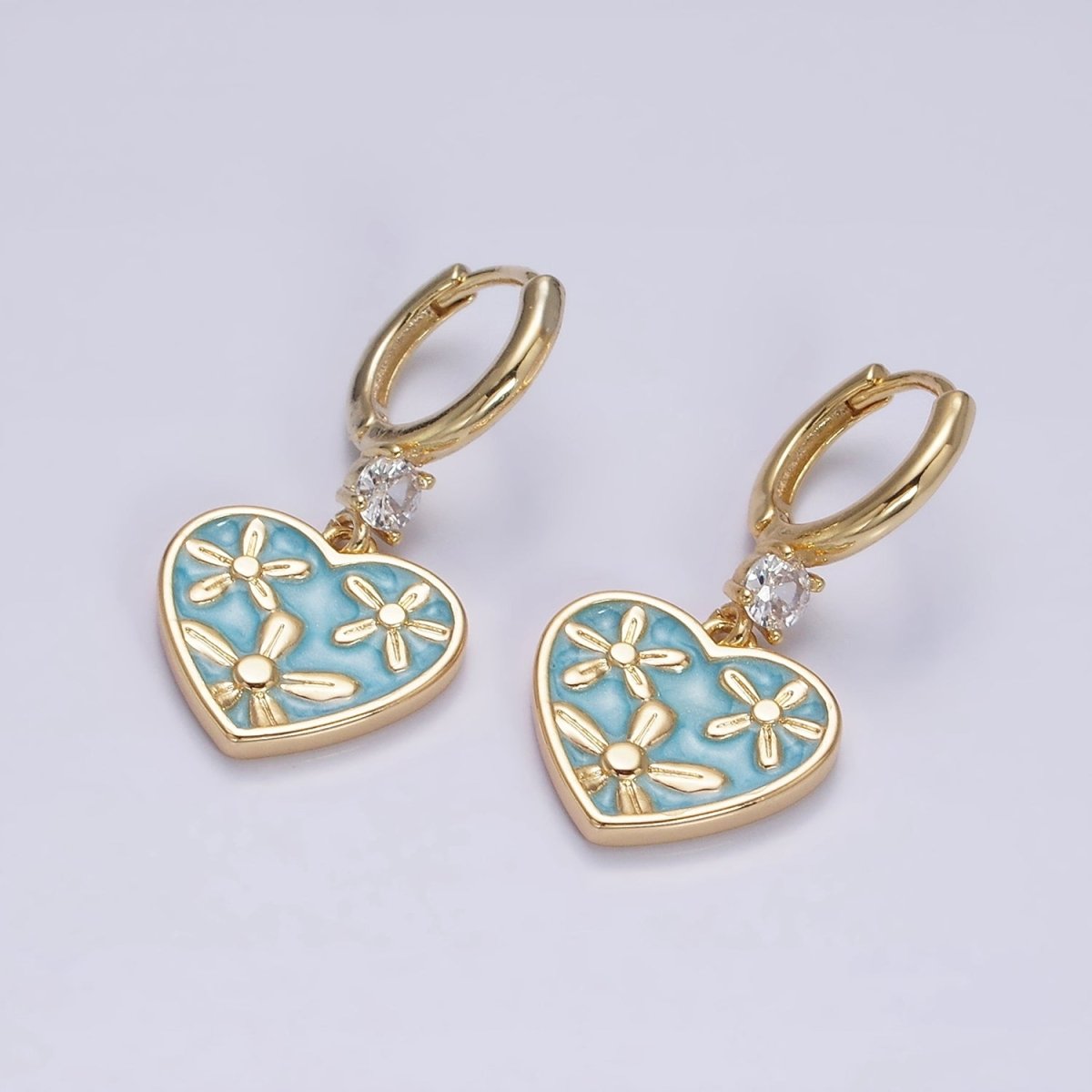 16K Gold Filled Pink, White, Blue Sparkly Enamel Triple Flower CZ Drop Huggie Earrings | Y-864 ~ Y-866 - DLUXCA