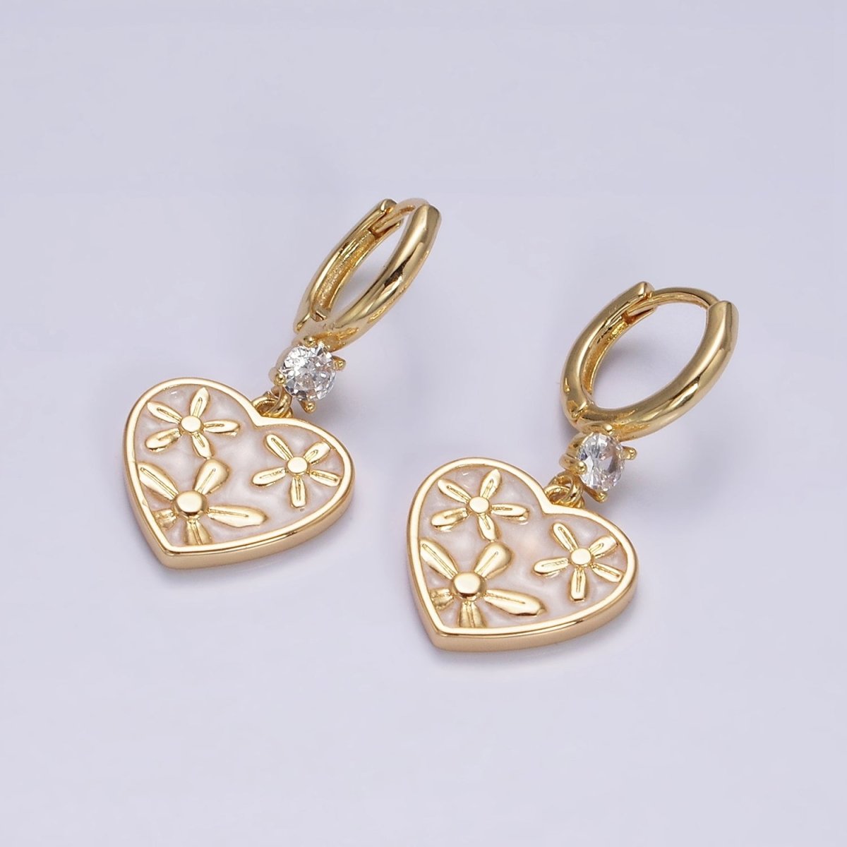 16K Gold Filled Pink, White, Blue Sparkly Enamel Triple Flower CZ Drop Huggie Earrings | Y-864 ~ Y-866 - DLUXCA