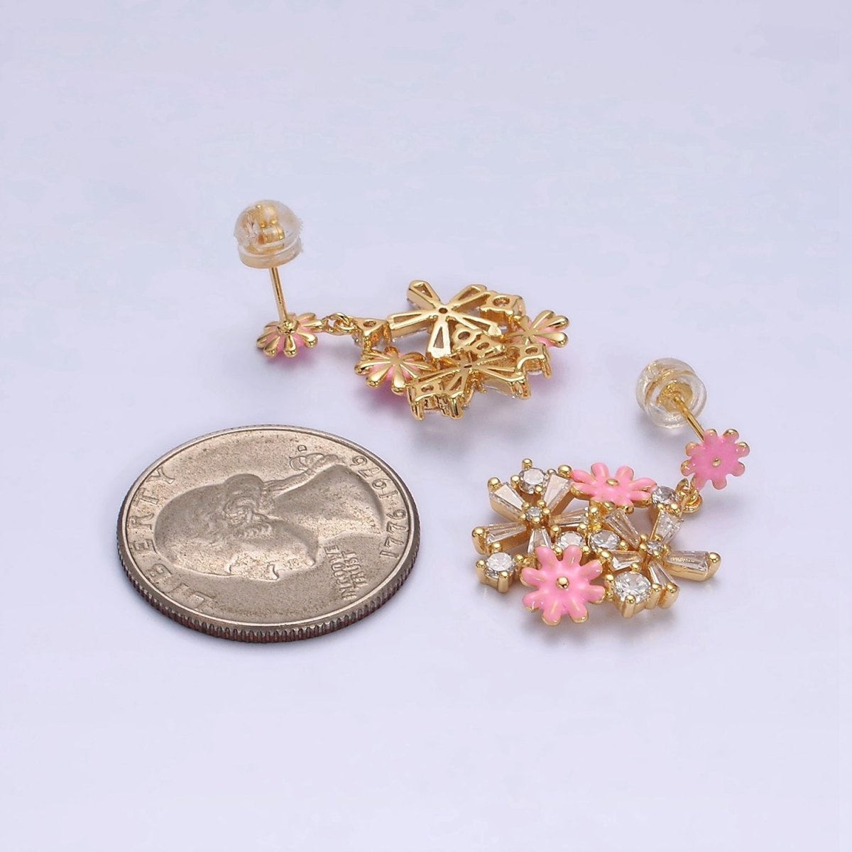16K Gold Filled Pink, White Enamel Flower Baguette Drop Stud Earrings in Gold & Sliver | AE834 - AE839 - DLUXCA