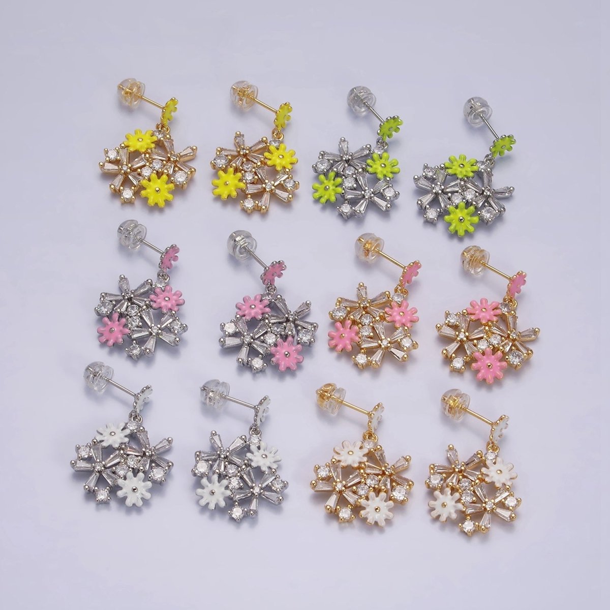 16K Gold Filled Pink, White Enamel Flower Baguette Drop Stud Earrings in Gold & Sliver | AE834 - AE839 - DLUXCA