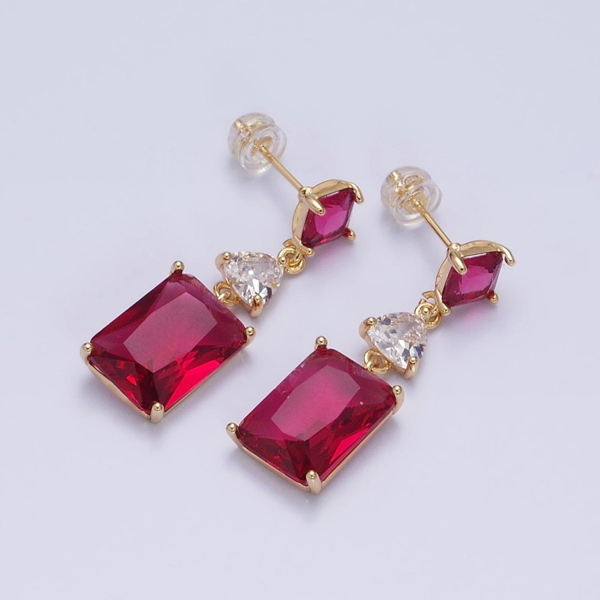 16K Gold Filled Purple, Blue, Clear, Green, Pink, Red Baguette Rhombus CZ Drop Stud Earrings in Gold & Silver | AB690 - AB701 - DLUXCA