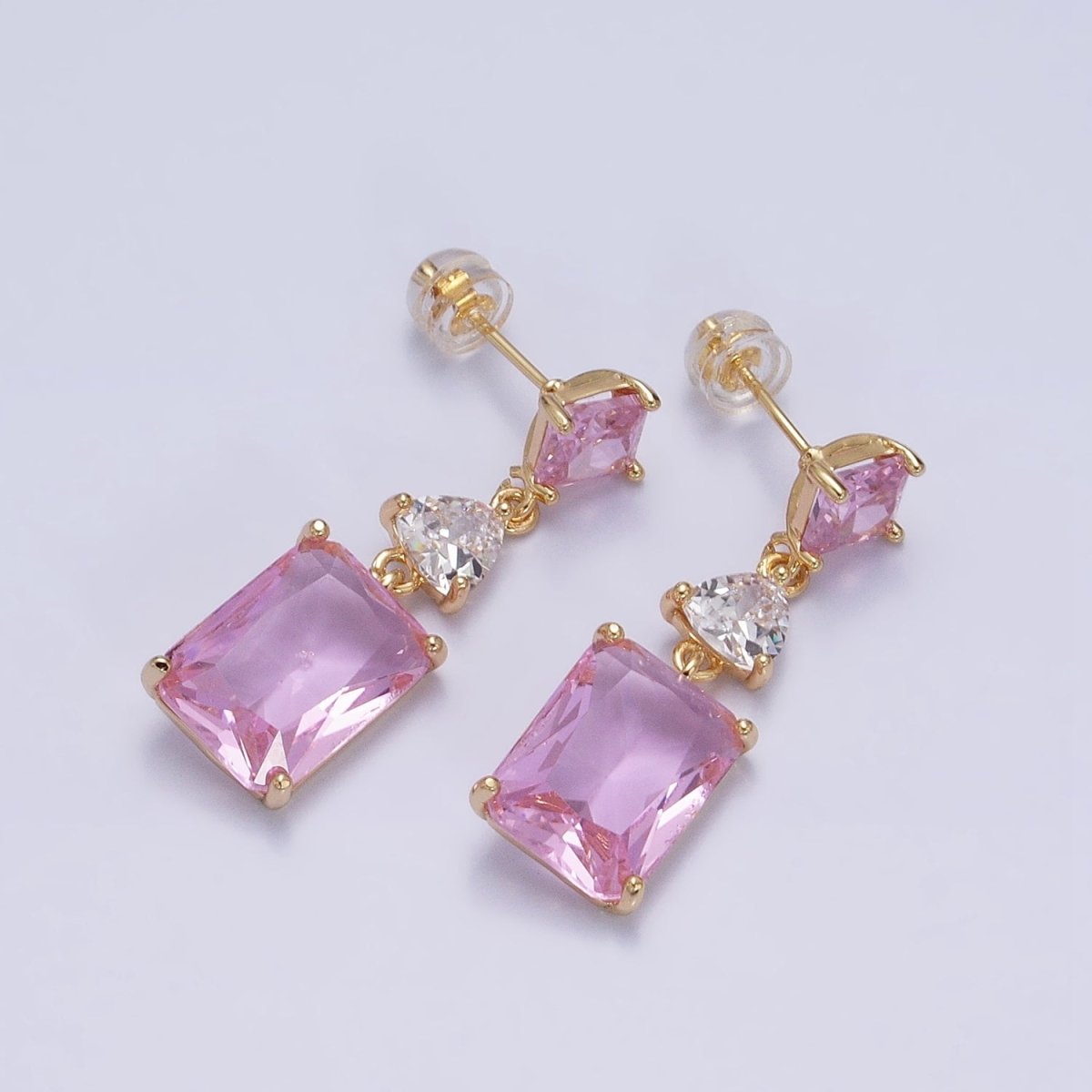 16K Gold Filled Purple, Blue, Clear, Green, Pink, Red Baguette Rhombus CZ Drop Stud Earrings in Gold & Silver | AB690 - AB701 - DLUXCA