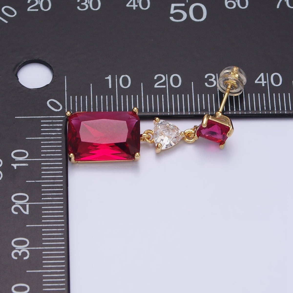 16K Gold Filled Purple, Blue, Clear, Green, Pink, Red Baguette Rhombus CZ Drop Stud Earrings in Gold & Silver | AB690 - AB701 - DLUXCA