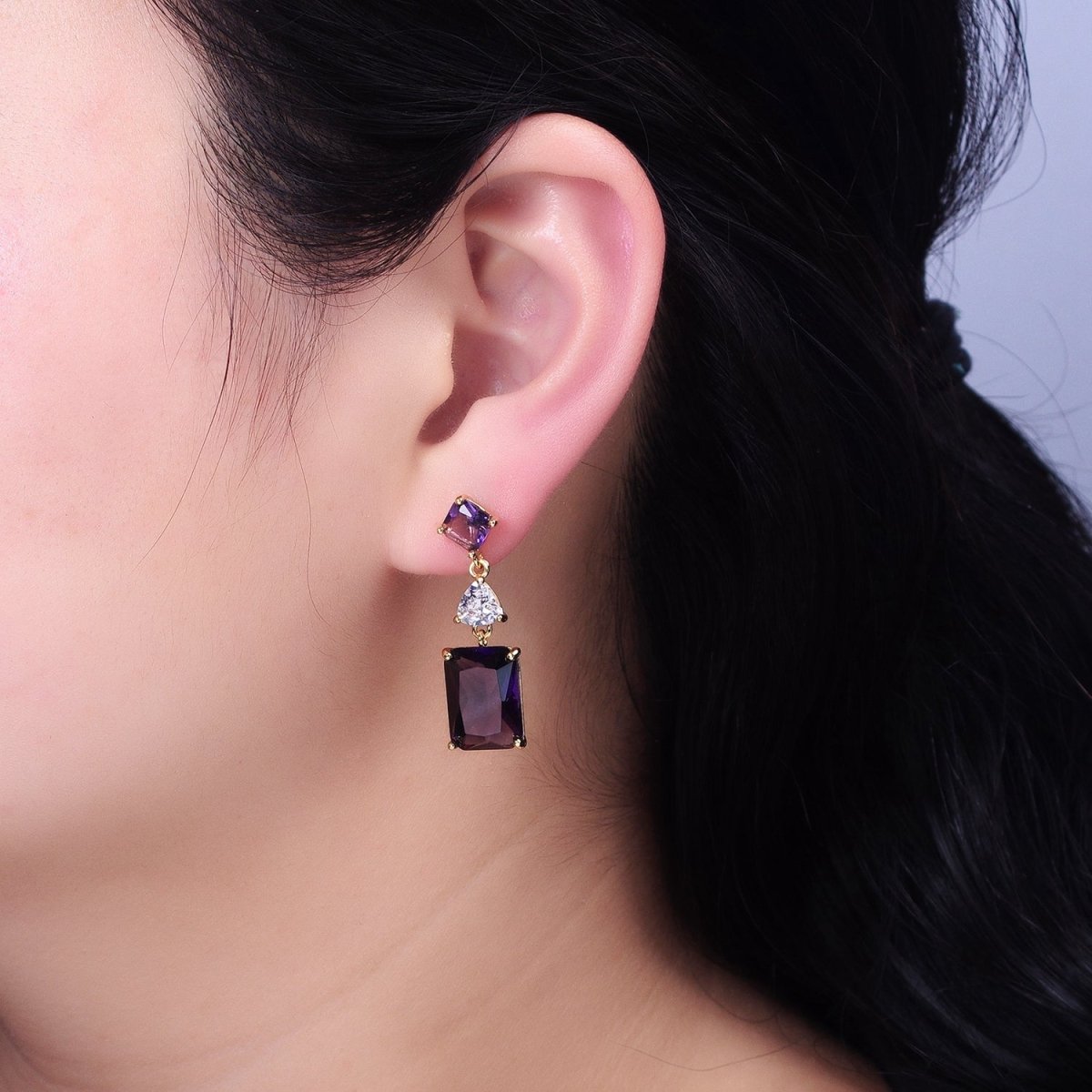 16K Gold Filled Purple, Blue, Clear, Green, Pink, Red Baguette Rhombus CZ Drop Stud Earrings in Gold & Silver | AB690 - AB701 - DLUXCA