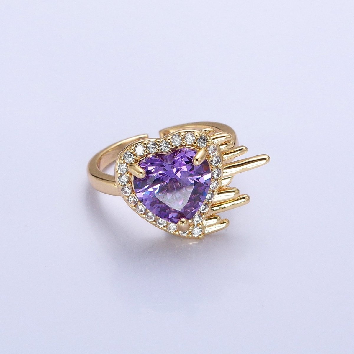 16K Gold Filled Purple Heart Flying Swish Lined Micro Paved CZ Ring in Gold & Silver | O-1910 O-1911 - DLUXCA