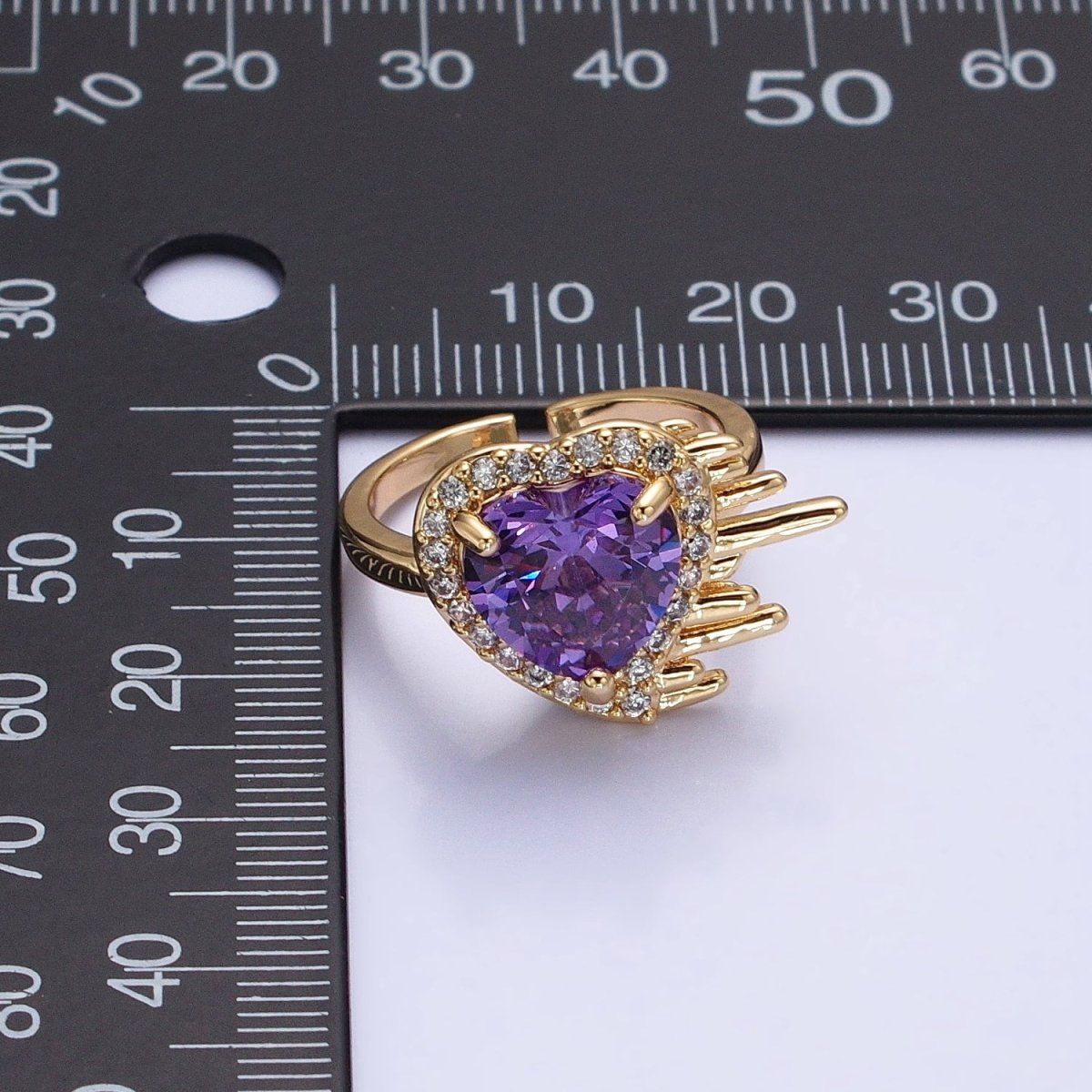 16K Gold Filled Purple Heart Flying Swish Lined Micro Paved CZ Ring in Gold & Silver | O-1910 O-1911 - DLUXCA