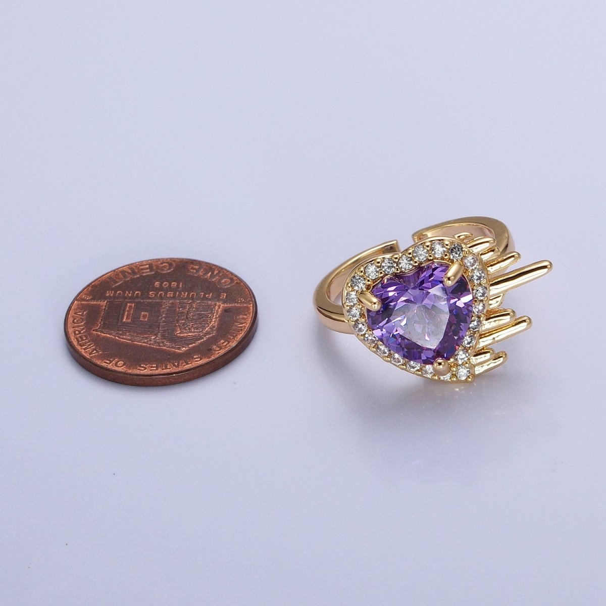 16K Gold Filled Purple Heart Flying Swish Lined Micro Paved CZ Ring in Gold & Silver | O-1910 O-1911 - DLUXCA