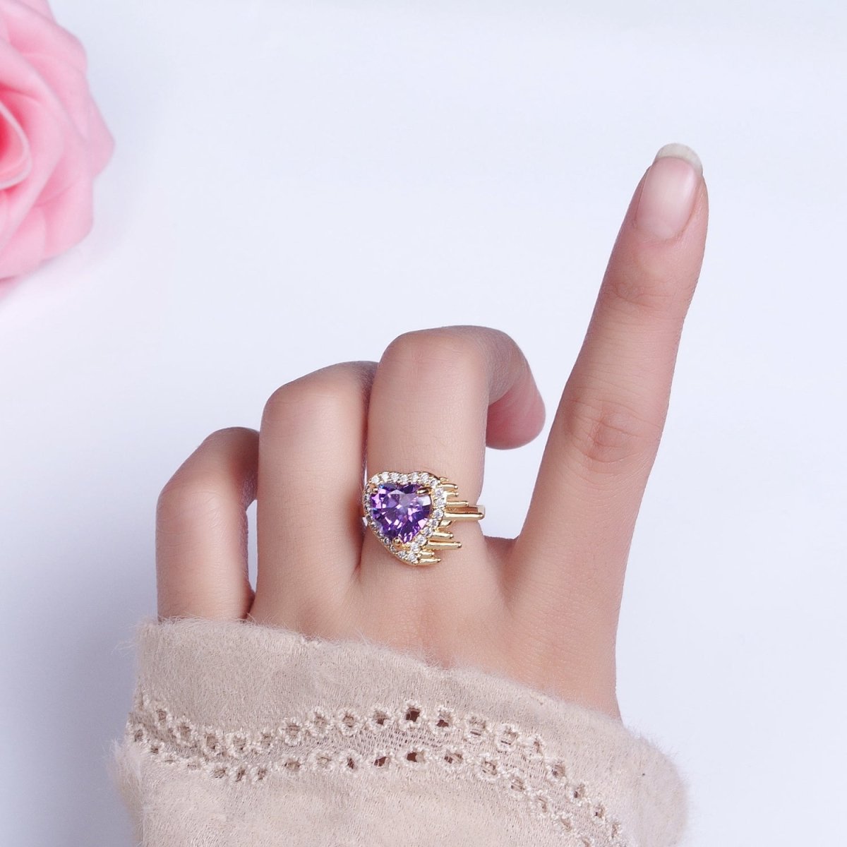 16K Gold Filled Purple Heart Flying Swish Lined Micro Paved CZ Ring in Gold & Silver | O-1910 O-1911 - DLUXCA