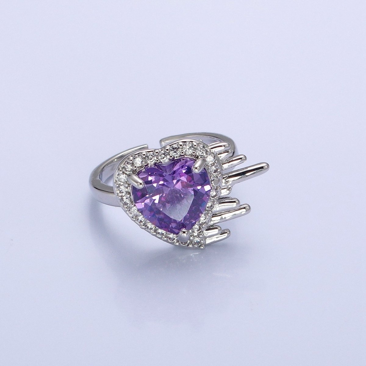 16K Gold Filled Purple Heart Flying Swish Lined Micro Paved CZ Ring in Gold & Silver | O-1910 O-1911 - DLUXCA