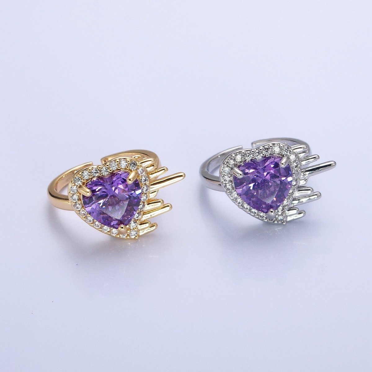 16K Gold Filled Purple Heart Flying Swish Lined Micro Paved CZ Ring in Gold & Silver | O-1910 O-1911 - DLUXCA
