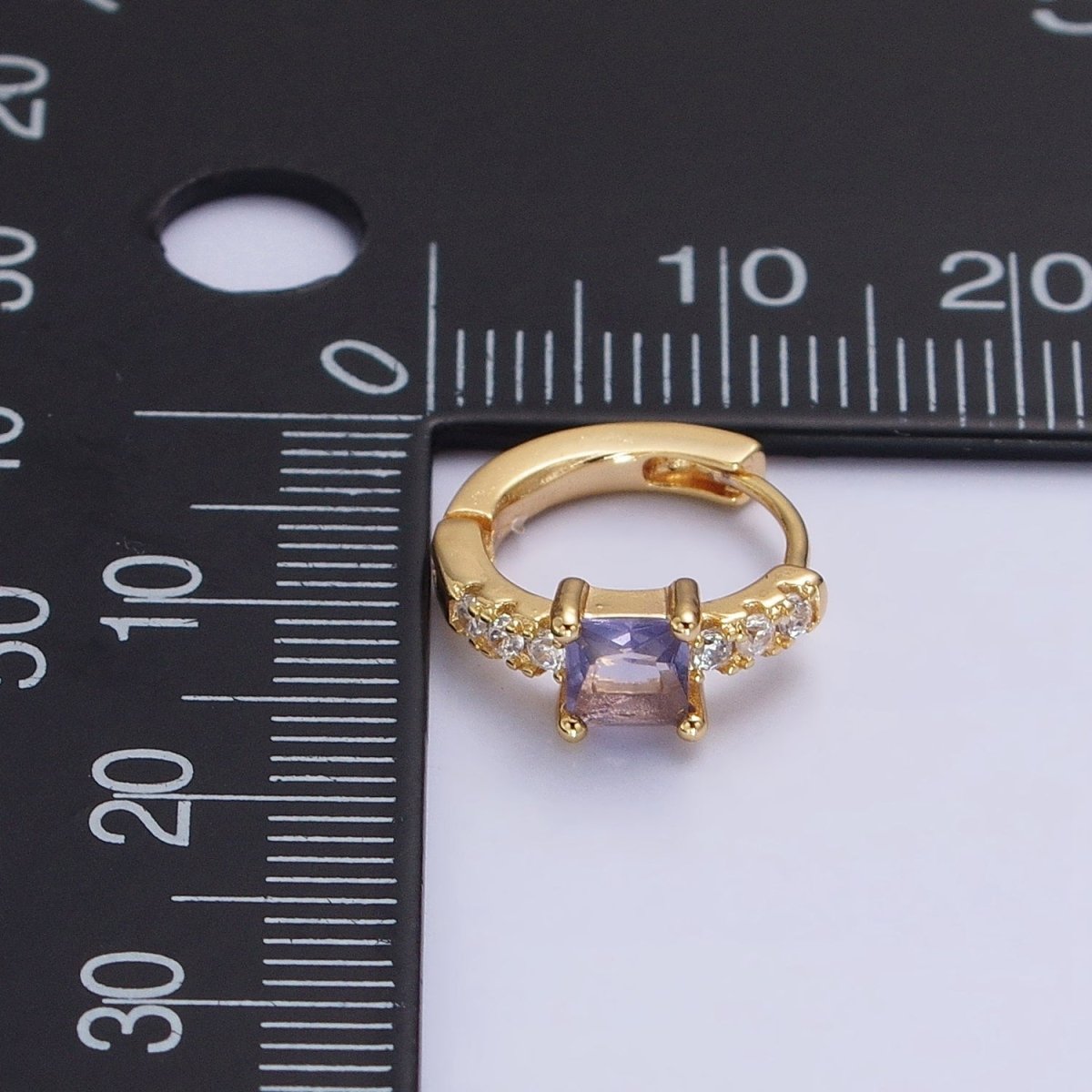 16K Gold Filled Purple Square Micro Paved CZ 12.8mm Cartilage Huggie Earrings in Gold & Silver | AB968 AB969 - DLUXCA