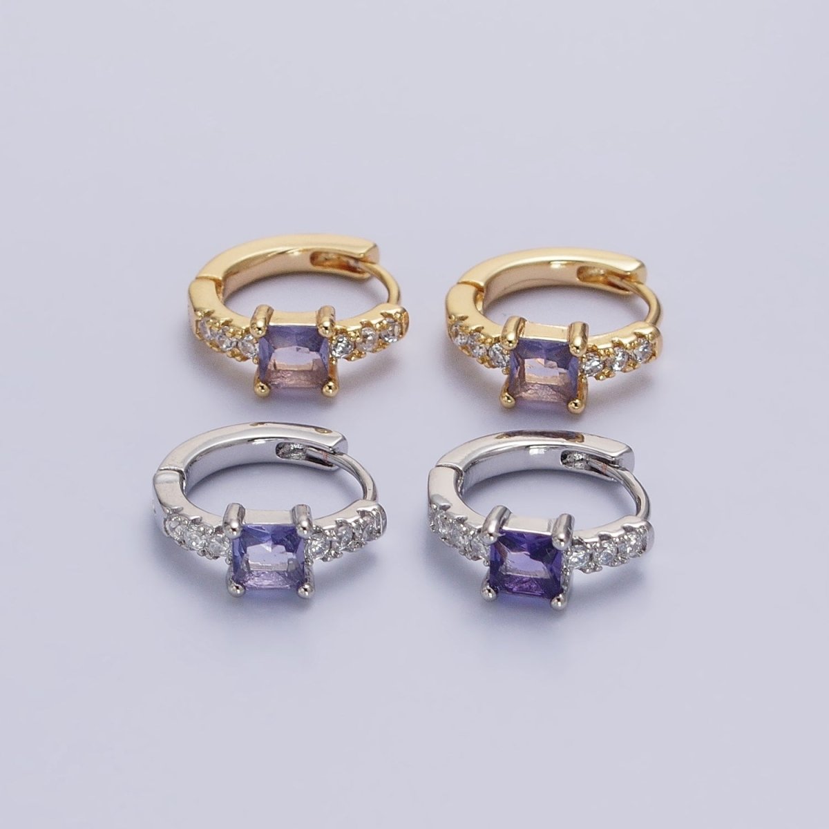 16K Gold Filled Purple Square Micro Paved CZ 12.8mm Cartilage Huggie Earrings in Gold & Silver | AB968 AB969 - DLUXCA