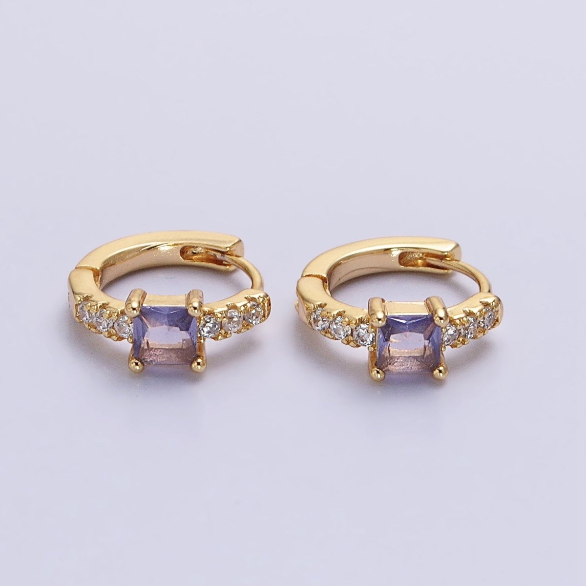 16K Gold Filled Purple Square Micro Paved CZ 12.8mm Cartilage Huggie Earrings in Gold & Silver | AB968 AB969 - DLUXCA