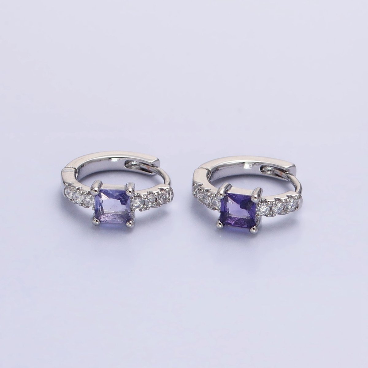 16K Gold Filled Purple Square Micro Paved CZ 12.8mm Cartilage Huggie Earrings in Gold & Silver | AB968 AB969 - DLUXCA