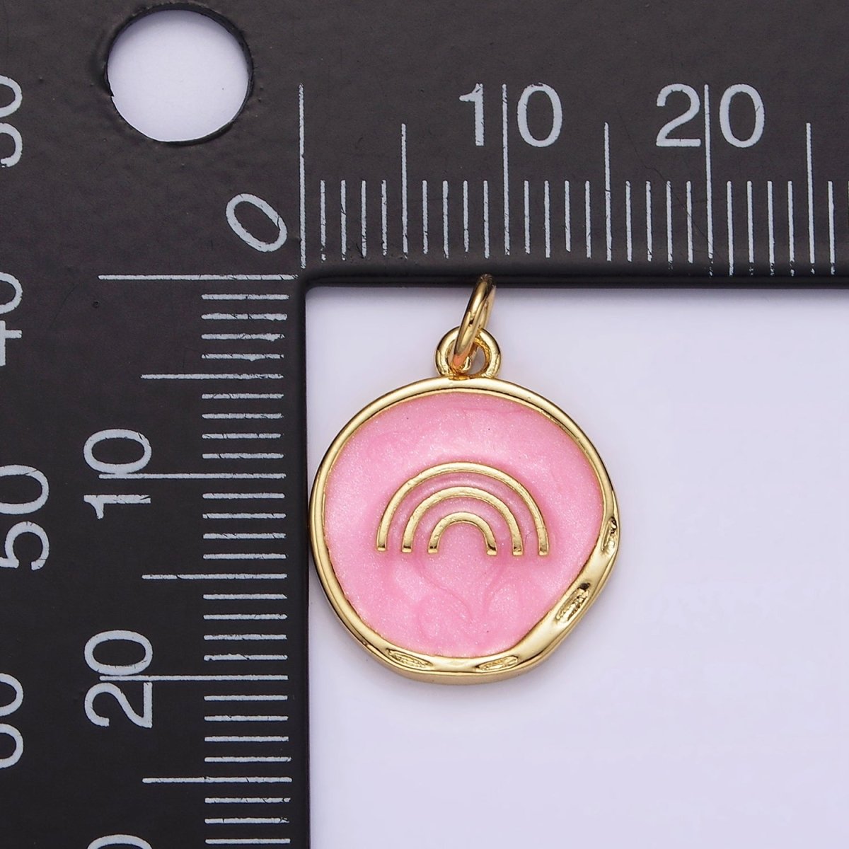 16K Gold Filled Rainbow Doodle Broken White, Pink Sparkly Enamel Stamped Dented Round Charm | AG156 AG157 - DLUXCA